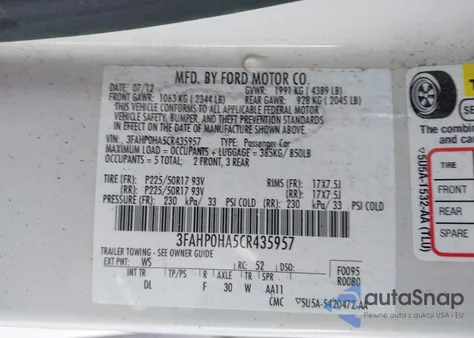 2012 Ford Fusion Se z USA, uszkodzony, nr VIN 3FAHP0HA5CR435957